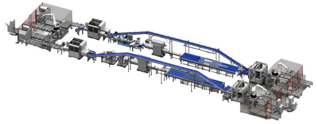 Komplette automatisierte Verarbeitungslinie mit Förderbändern, Verpackungsmaschinen und Robotersystemen